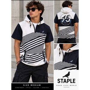 Staple Pigeon Mens Hoodie Navy White Stripe Quarter Zip SS Streetwear Preppy